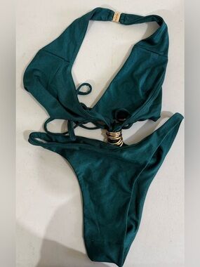 ALT Deep Green Halter Bikini Set with Gold Ring Accent